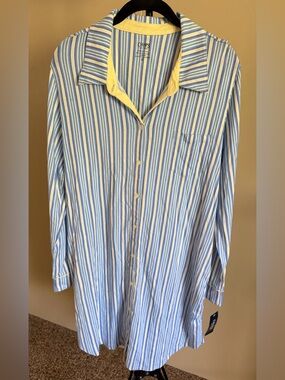 NWT Chaps Sleep Shirt Blue, White & Yellow Striped Size Medium